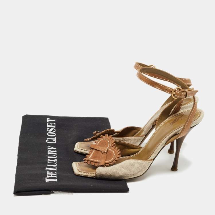 Pre Owned Saint Laurent Grey/Brown Leather and Canvas Ankle Strap Sandals Size 37.5