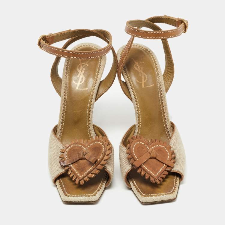 Pre Owned Saint Laurent Grey/Brown Leather and Canvas Ankle Strap Sandals Size 37.5