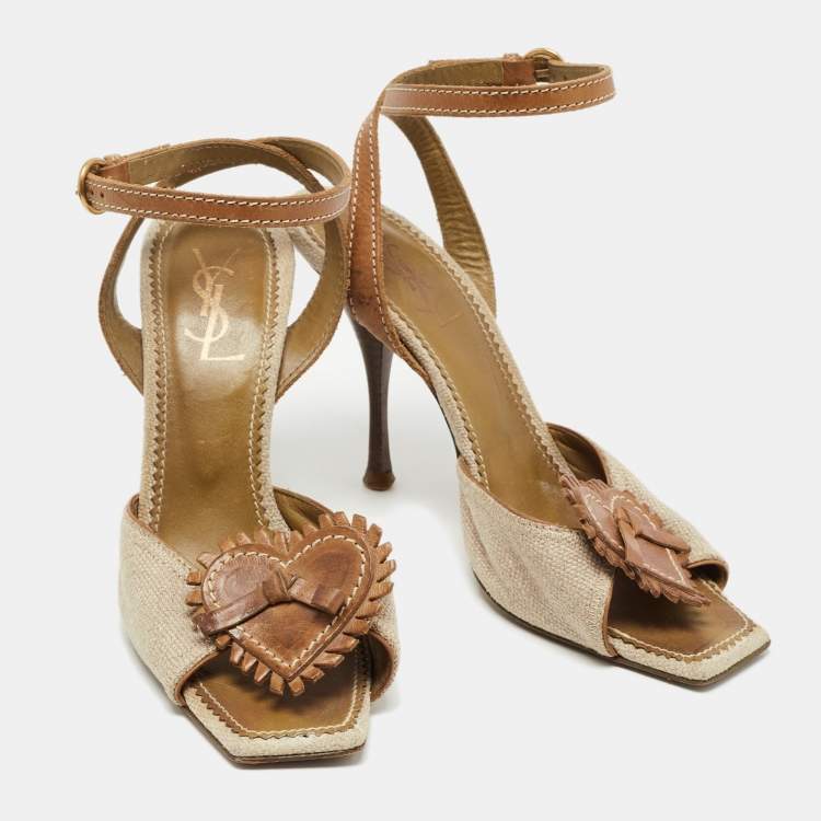Pre Owned Saint Laurent Grey/Brown Leather and Canvas Ankle Strap Sandals Size 37.5