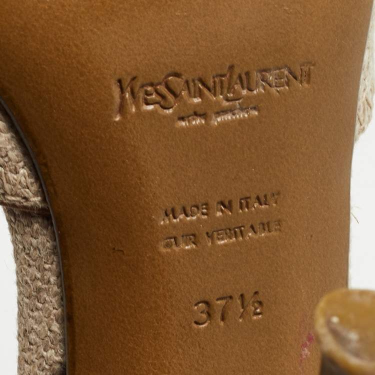 Pre Owned Saint Laurent Grey/Brown Leather and Canvas Ankle Strap Sandals Size 37.5