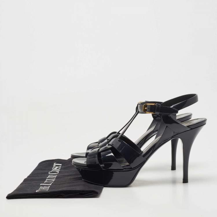 Pre Owned Saint Laurent Dark Blue Patent Leather Tribute Sandals Size 37.5