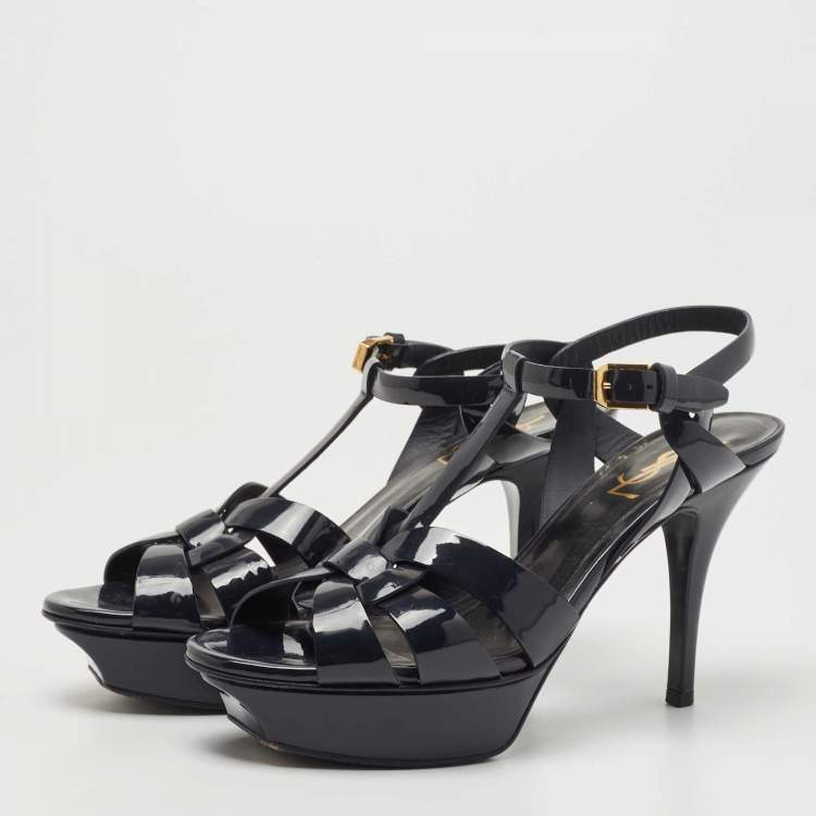 Pre Owned Saint Laurent Dark Blue Patent Leather Tribute Sandals Size 37.5