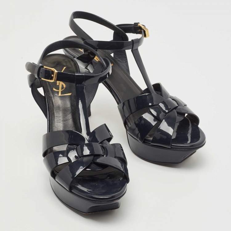 Pre Owned Saint Laurent Dark Blue Patent Leather Tribute Sandals Size 37.5