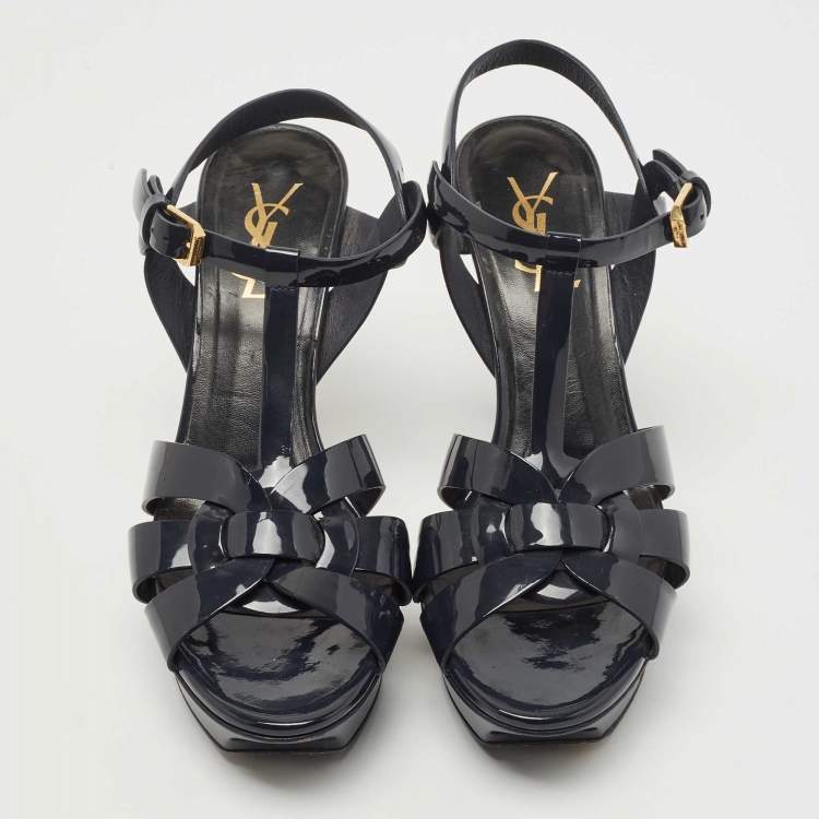 Pre Owned Saint Laurent Dark Blue Patent Leather Tribute Sandals Size 37.5