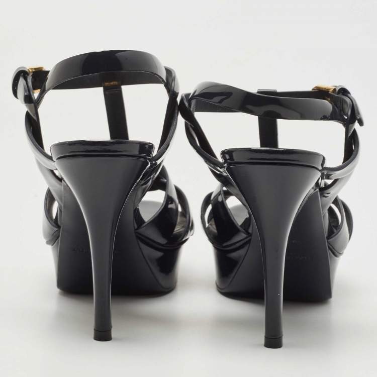 Pre Owned Saint Laurent Dark Blue Patent Leather Tribute Sandals Size 37.5