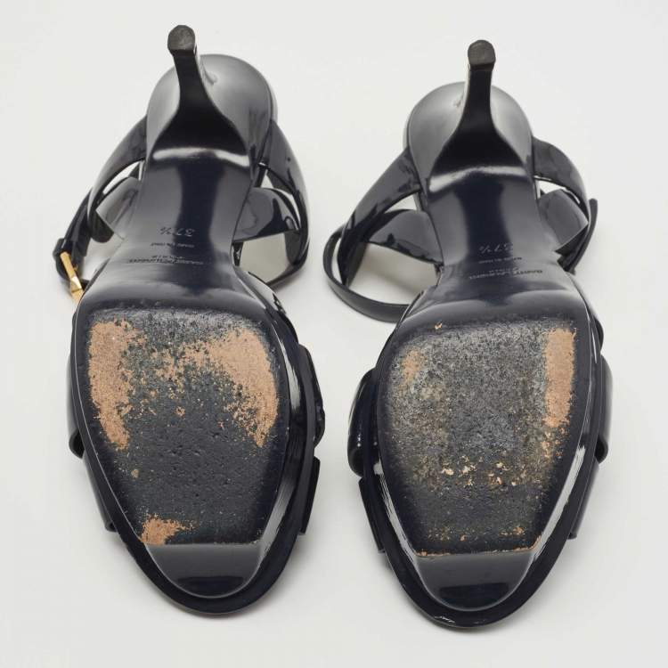 Pre Owned Saint Laurent Dark Blue Patent Leather Tribute Sandals Size 37.5