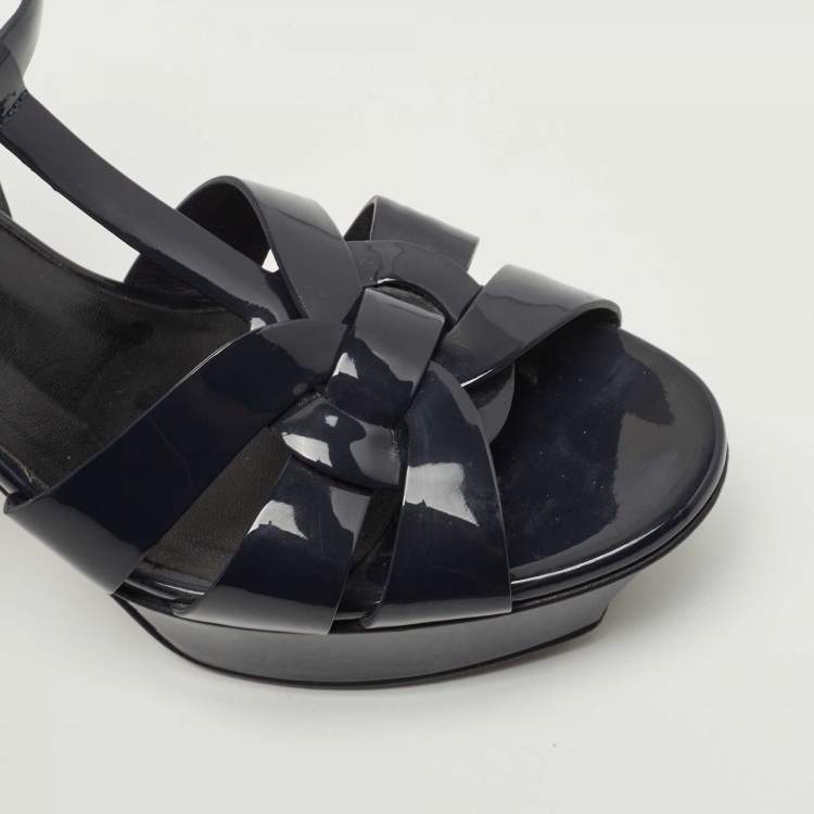 Pre Owned Saint Laurent Dark Blue Patent Leather Tribute Sandals Size 37.5