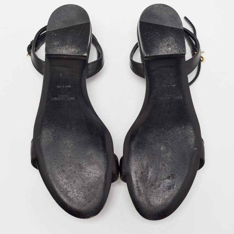 Pre Owned Saint Laurent Black Leather Le Maillon Flat Sandals Size 37.5