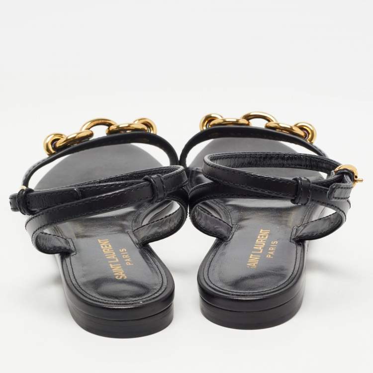 Pre Owned Saint Laurent Black Leather Le Maillon Flat Sandals Size 37.5