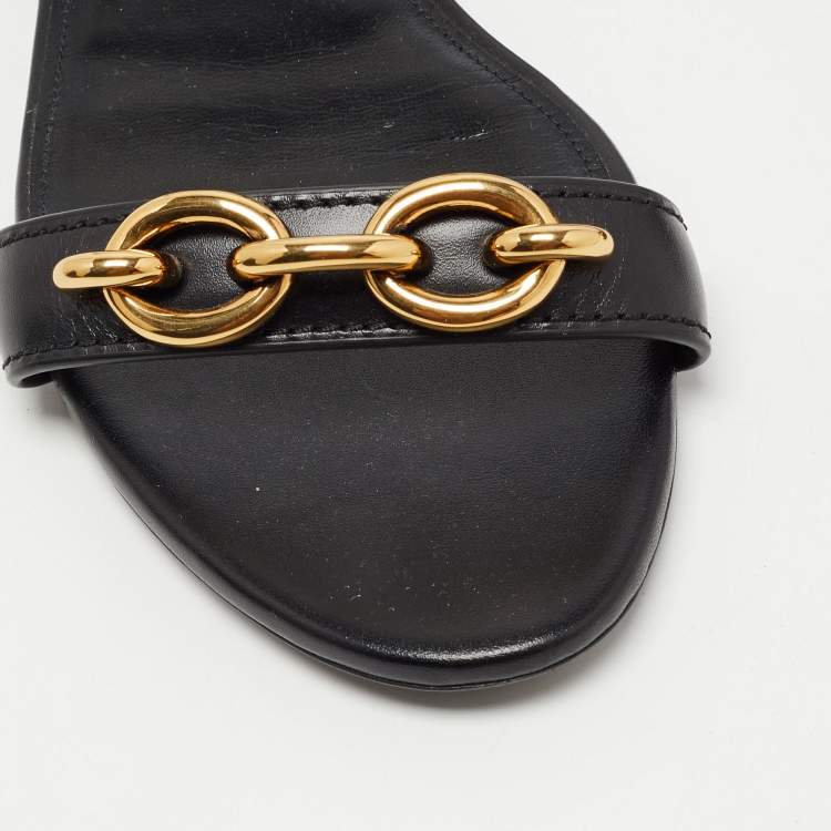 Pre Owned Saint Laurent Black Leather Le Maillon Flat Sandals Size 37.5