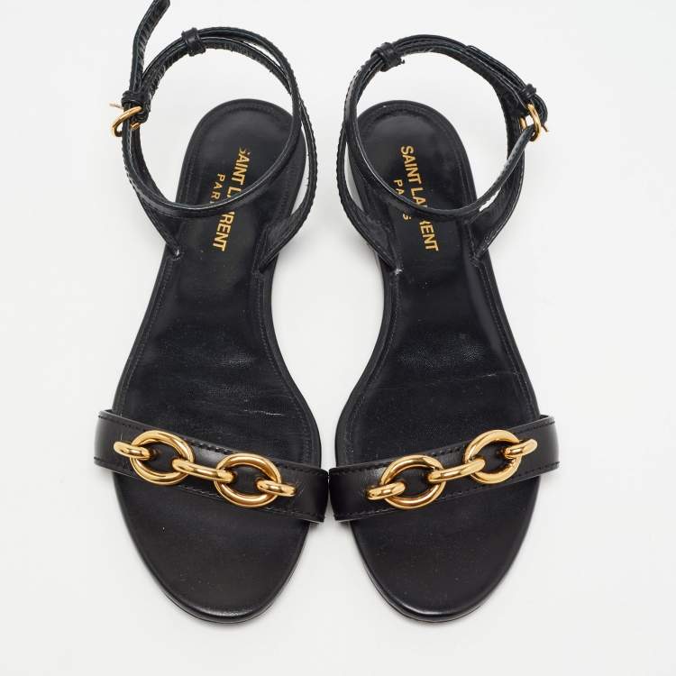 Pre Owned Saint Laurent Black Leather Le Maillon Flat Sandals Size 37.5