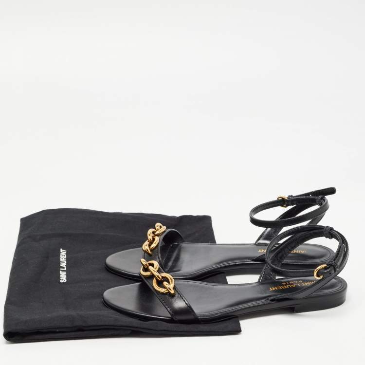 Pre Owned Saint Laurent Black Leather Le Maillon Flat Sandals Size 37.5