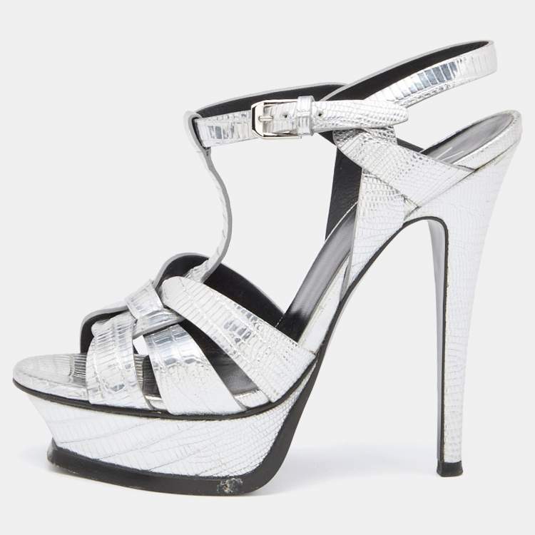 Pre Owned Saint Laurent Silver Lizard Embossed Leather Tribute Sandals Size 36