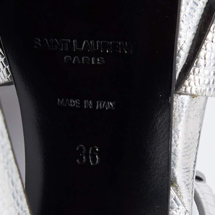 Pre Owned Saint Laurent Silver Lizard Embossed Leather Tribute Sandals Size 36