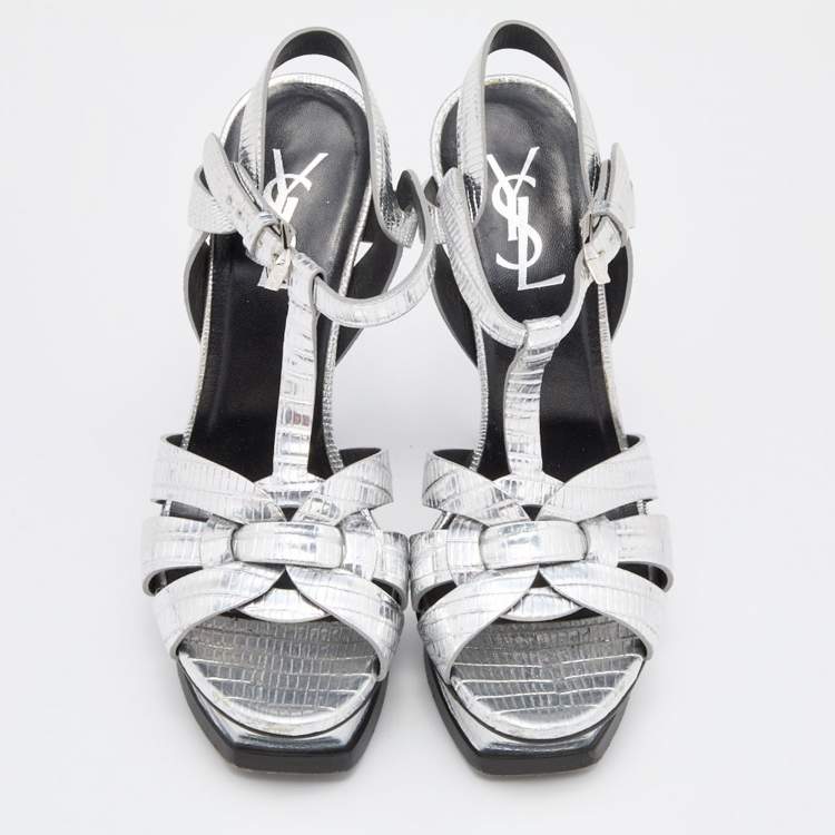 Pre Owned Saint Laurent Silver Lizard Embossed Leather Tribute Sandals Size 36