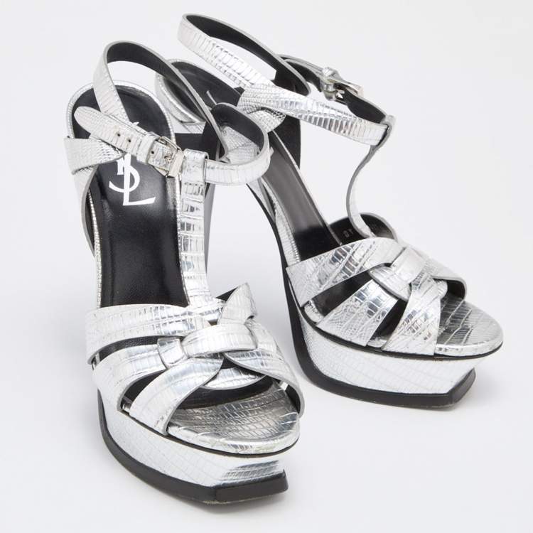 Pre Owned Saint Laurent Silver Lizard Embossed Leather Tribute Sandals Size 36