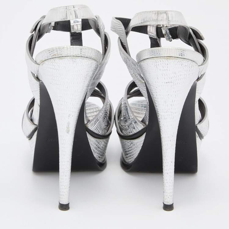 Pre Owned Saint Laurent Silver Lizard Embossed Leather Tribute Sandals Size 36