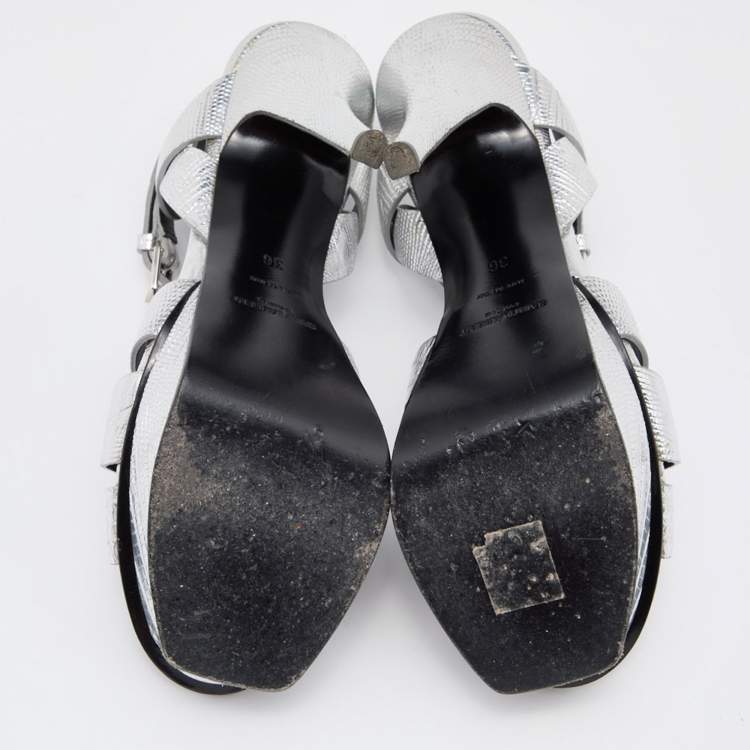 Pre Owned Saint Laurent Silver Lizard Embossed Leather Tribute Sandals Size 36