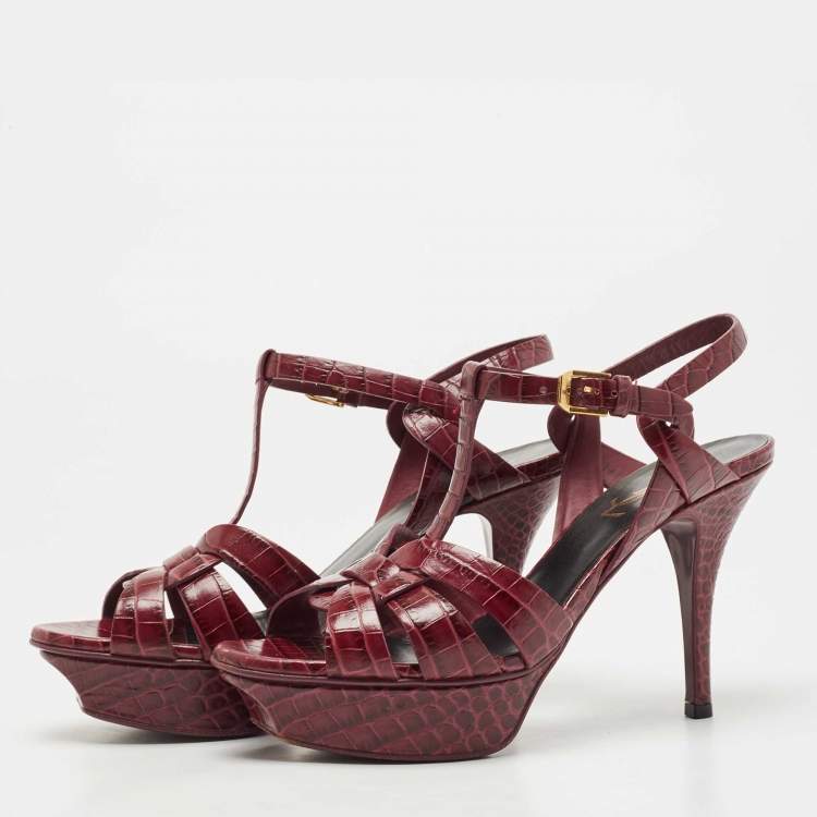 Pre Owned Saint Laurent Burgundy Croc Embossed Leather Tribute  Sandals Size 36