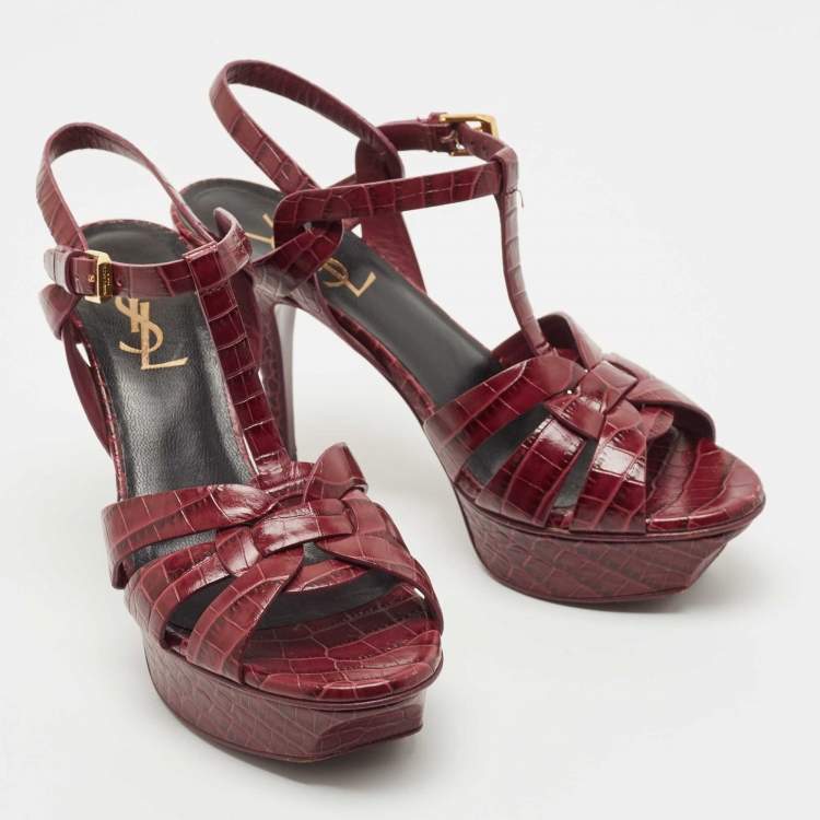 Pre Owned Saint Laurent Burgundy Croc Embossed Leather Tribute  Sandals Size 36