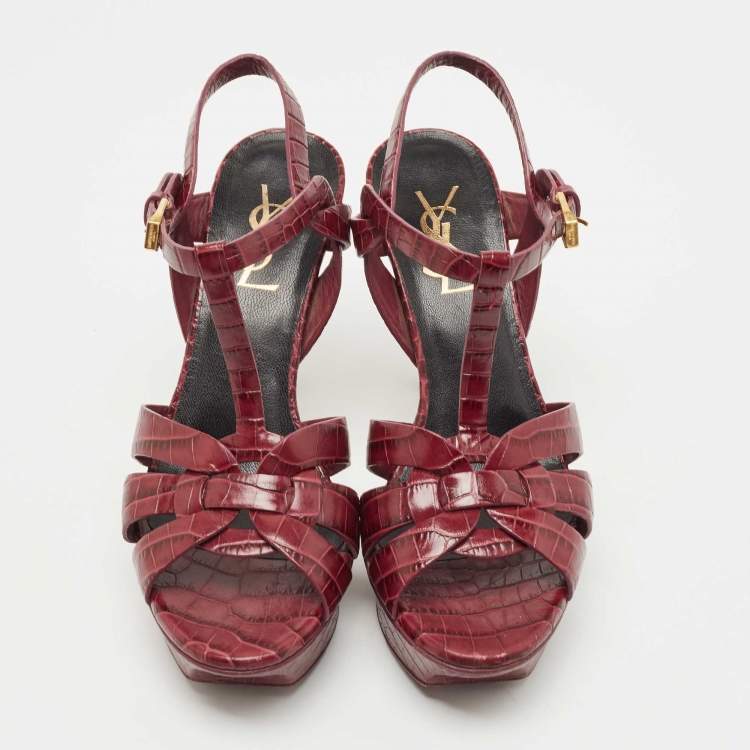 Pre Owned Saint Laurent Burgundy Croc Embossed Leather Tribute  Sandals Size 36