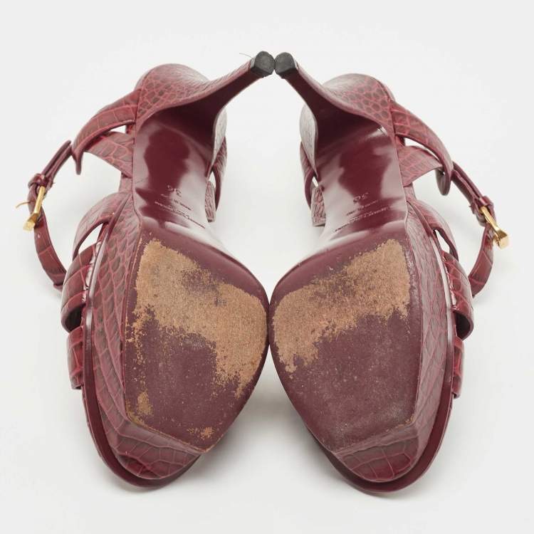 Pre Owned Saint Laurent Burgundy Croc Embossed Leather Tribute  Sandals Size 36