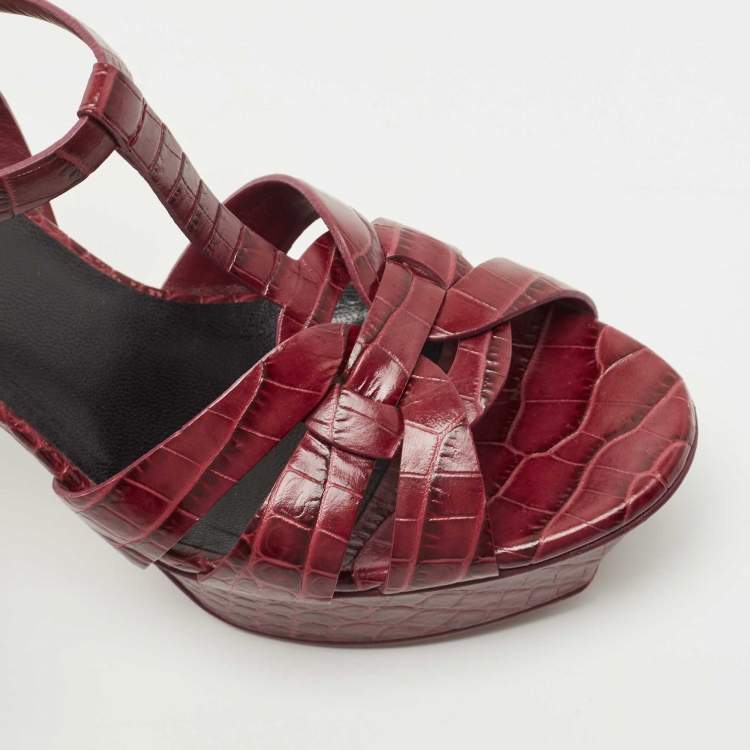 Pre Owned Saint Laurent Burgundy Croc Embossed Leather Tribute  Sandals Size 36