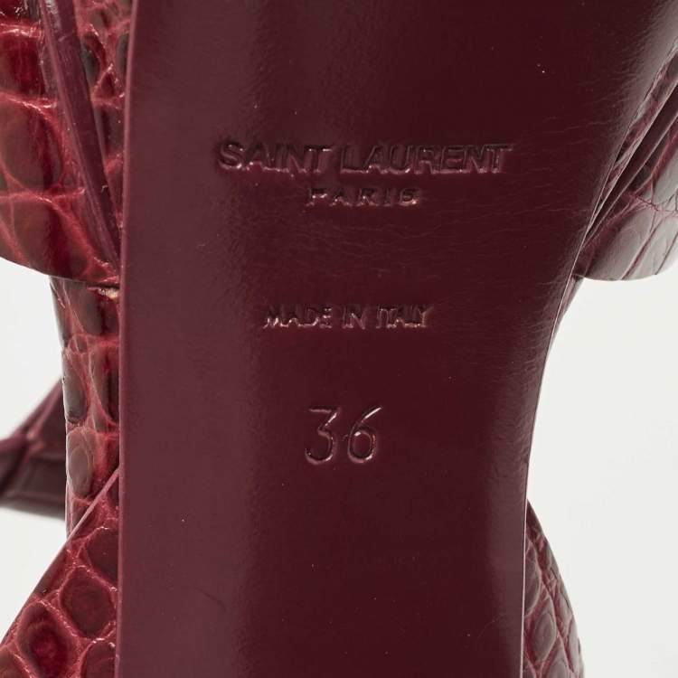 Pre Owned Saint Laurent Burgundy Croc Embossed Leather Tribute  Sandals Size 36