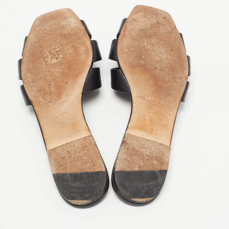 Pre Owned Saint Laurent Black Leather Tribute Flat Slides Size 39