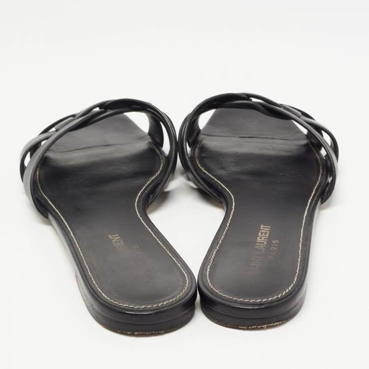 Pre Owned Saint Laurent Black Leather Tribute Flat Slides Size 39