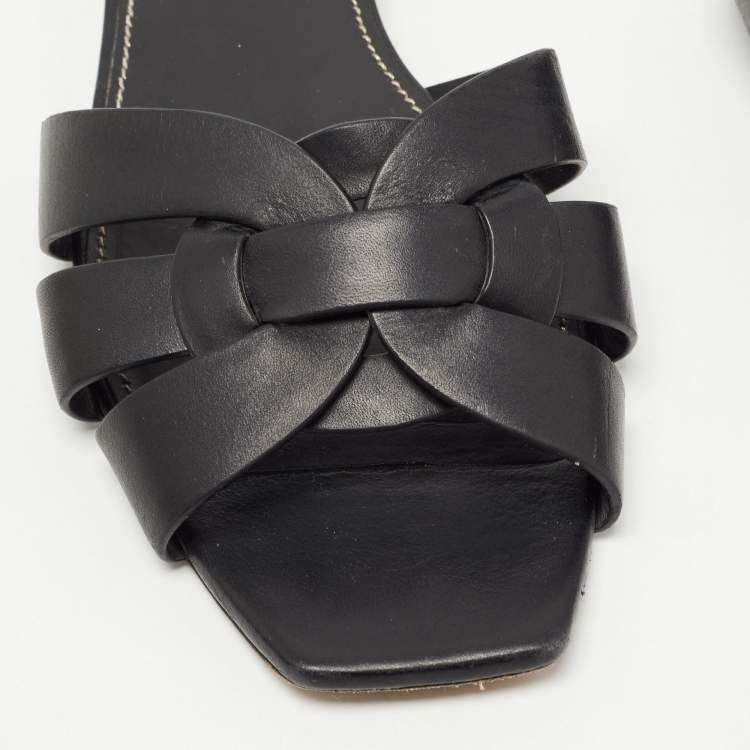 Pre Owned Saint Laurent Black Leather Tribute Flat Slides Size 39