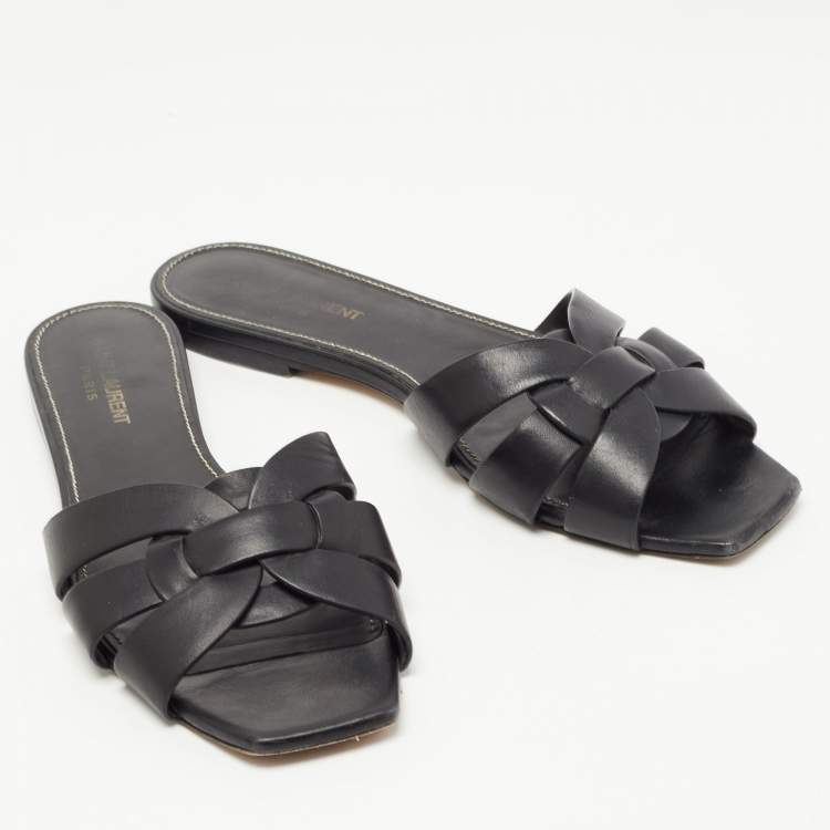 Pre Owned Saint Laurent Black Leather Tribute Flat Slides Size 39