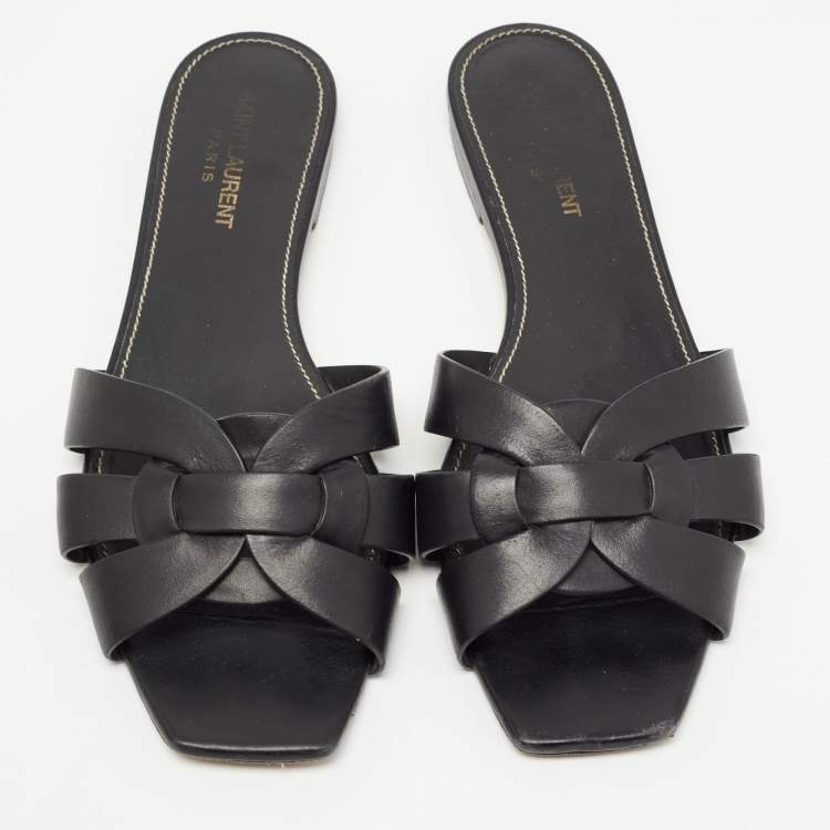 Pre Owned Saint Laurent Black Leather Tribute Flat Slides Size 39