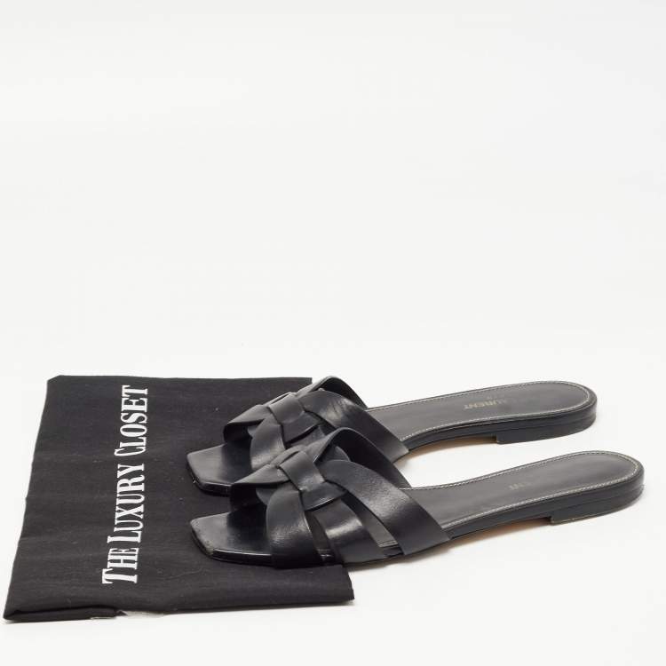 Pre Owned Saint Laurent Black Leather Tribute Flat Slides Size 39