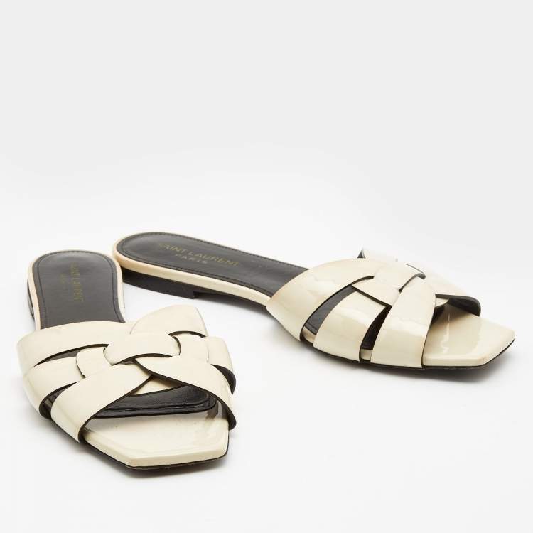 Pre Owned Saint Laurent Cream Patent Leather Tribute Flat Slides Size 39