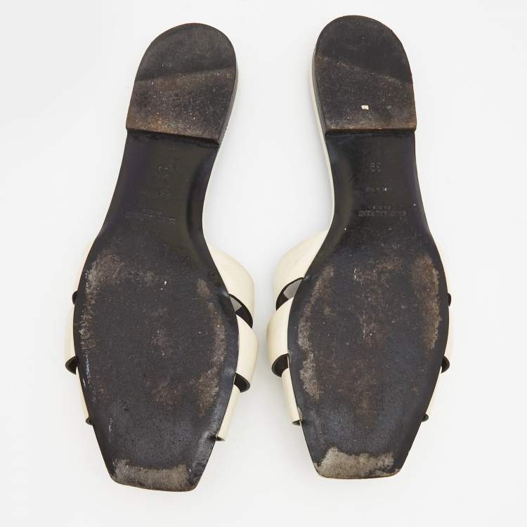 Pre Owned Saint Laurent Cream Patent Leather Tribute Flat Slides Size 39