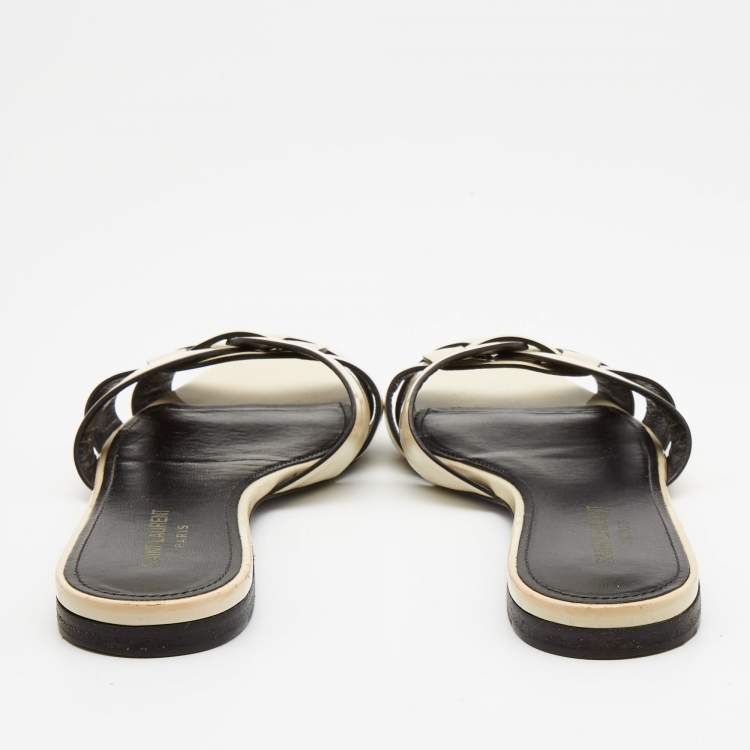 Pre Owned Saint Laurent Cream Patent Leather Tribute Flat Slides Size 39