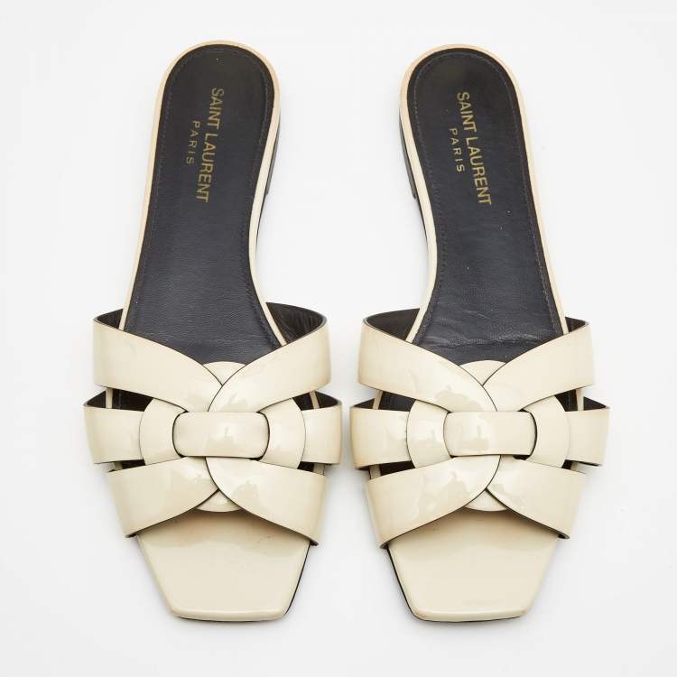 Pre Owned Saint Laurent Cream Patent Leather Tribute Flat Slides Size 39