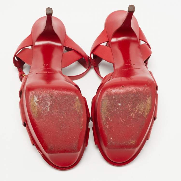 Pre Owned Saint Laurent Red Leather Tribute Platform Ankle Strap Sandals Size 41