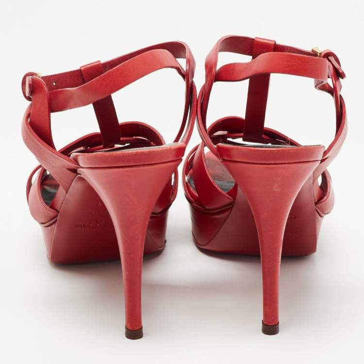 Pre Owned Saint Laurent Red Leather Tribute Platform Ankle Strap Sandals Size 41