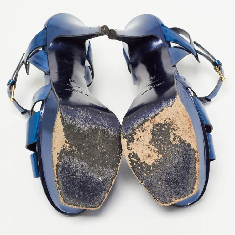 Pre Owned Saint Laurent Metallic Blue Leather Tribute Sandals Size 39