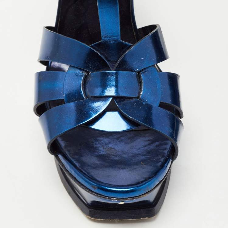 Pre Owned Saint Laurent Metallic Blue Leather Tribute Sandals Size 39