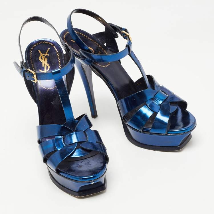Pre Owned Saint Laurent Metallic Blue Leather Tribute Sandals Size 39