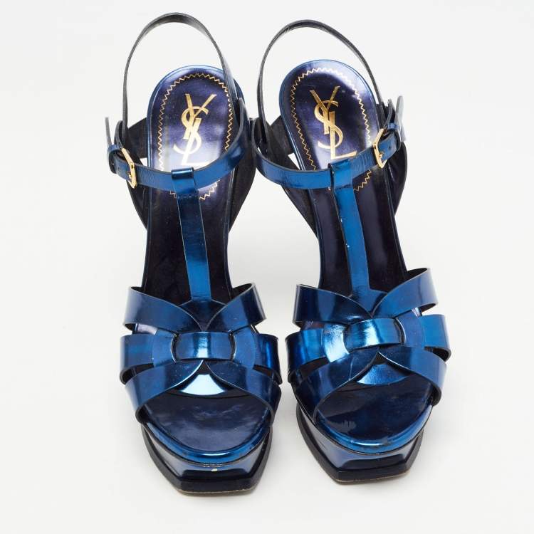 Pre Owned Saint Laurent Metallic Blue Leather Tribute Sandals Size 39