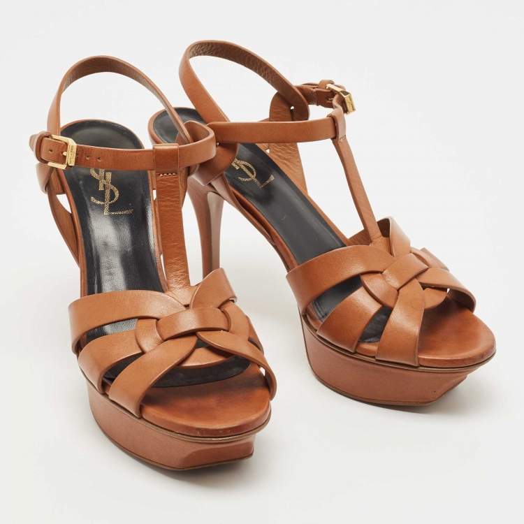 Pre Owned Saint Laurent Paris Brown Leather Tribute Platform Ankle Strap Sandals Size 36.5