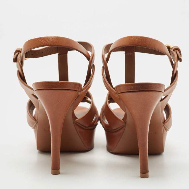 Pre Owned Saint Laurent Paris Brown Leather Tribute Platform Ankle Strap Sandals Size 36.5