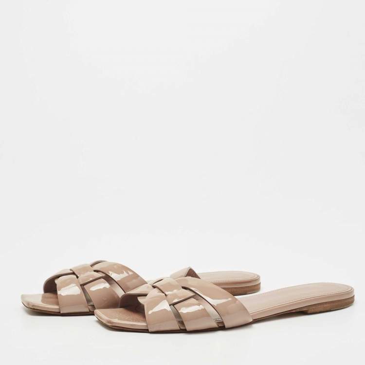 Pre Owned Saint Laurent Beige Patent Leather Tribute Flat Slides Size 39