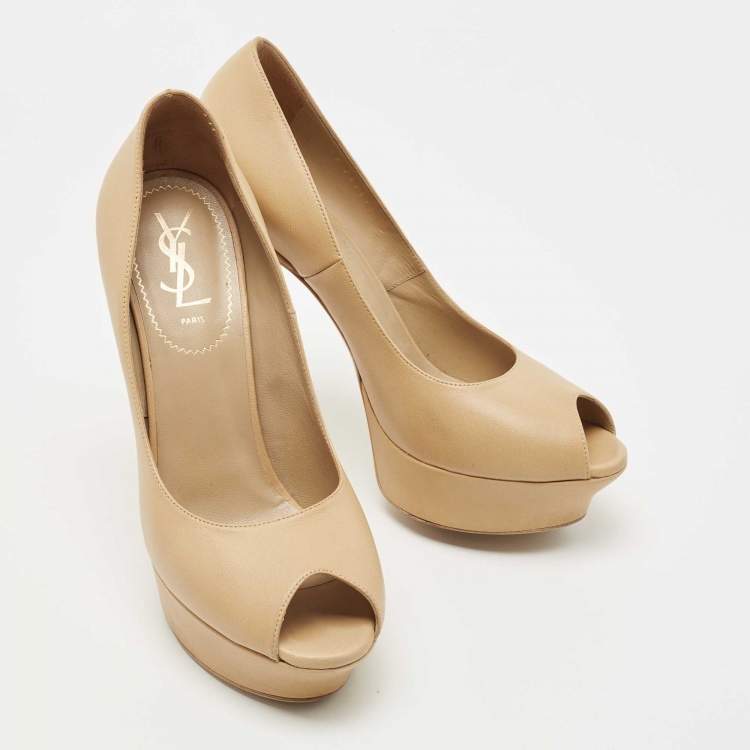 Pre Owned Saint Laurent Beige Leather Palais Peep Toe  Pumps Size 39