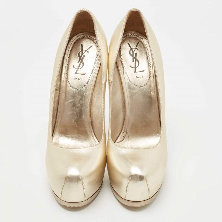 Pre Owned Saint Laurent Light Gold Leather Tribtoo Platform Pumps Size 39.5