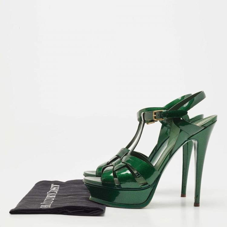 Pre Owned Saint Laurent Green Patent Leather Tribute Ankle Strap Sandals Size 40